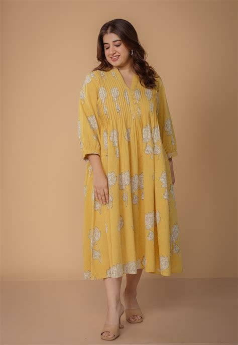 Janvi Yellow Dabu Slub Cotton A Line Dress – THE INDIAN ETHNIC CO.