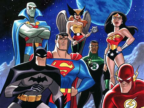 Justice League HD Wallpaper: Iconic DC Heroes Unite in Action by Bruce Timm