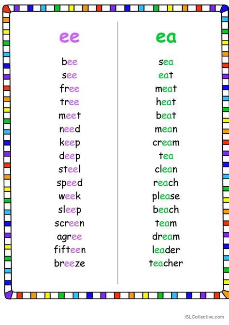 List Of Ee And Ea Words