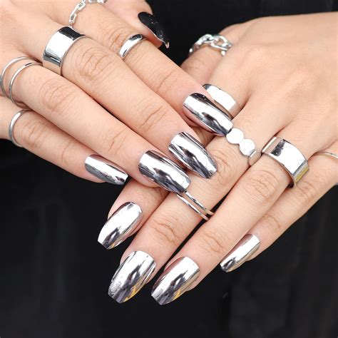 MISUD Medium Coffin Press on Nails, Glossy Silver India | Ubuy