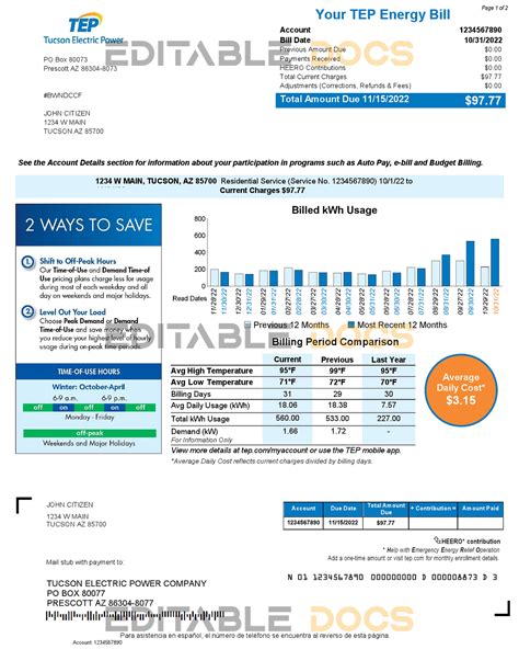 USA Arizona Tucson Electric Power (TEP) utility bill, Word and PDF ...