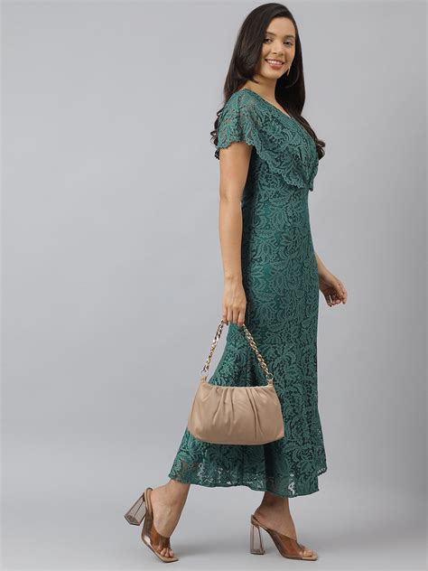 Latin Quarters Women Green Lace V-Neck Short Sleeve Party Maxi Dress