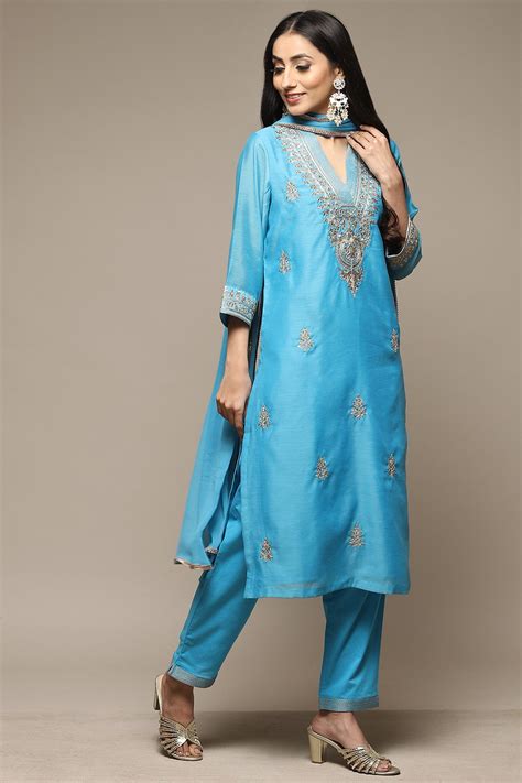 Electric Blue Cotton Blend Straight Kurta Pant Suit Set