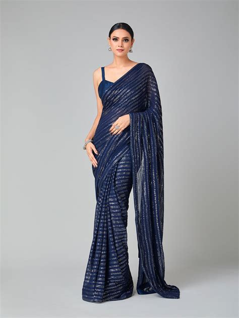 Sassy Navy Blue Georgette Embellished Saree – Tirumala Designers