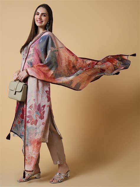 SHOWOFF Women's Floral Beige Straight Kurta and Trouser with Dupatta