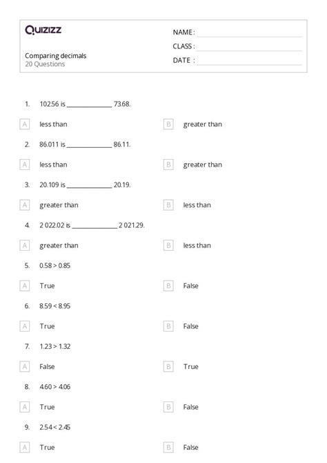 50+ Comparing Decimals worksheets for 4th Class on Quizizz | Free ...