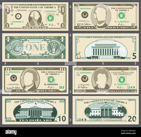 Dollar banknotes, us currency money bills vector set. Templates of ...