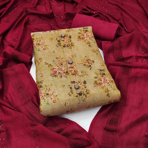 Beige Floral Printed Cotton Silk Dress Material