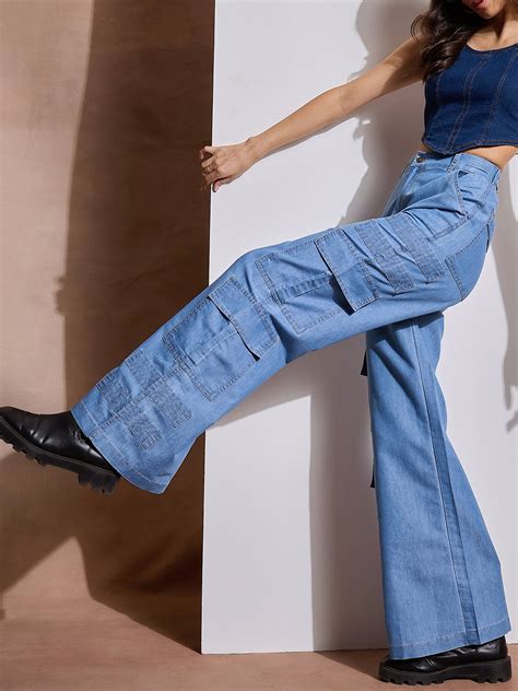 Women Ice Blue Tencel Contrast Stitch Cargo Pants