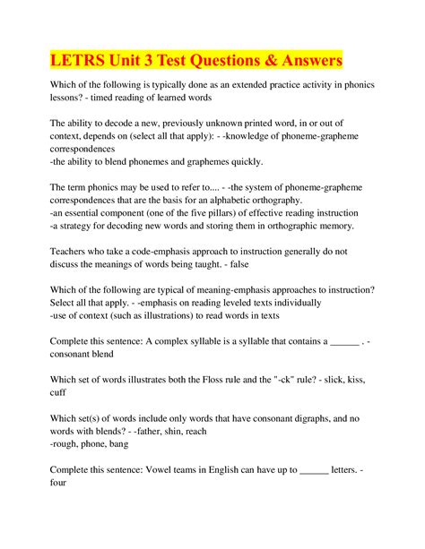 LETRS Unit 3 Test Questions & Answers - Scholarfriends