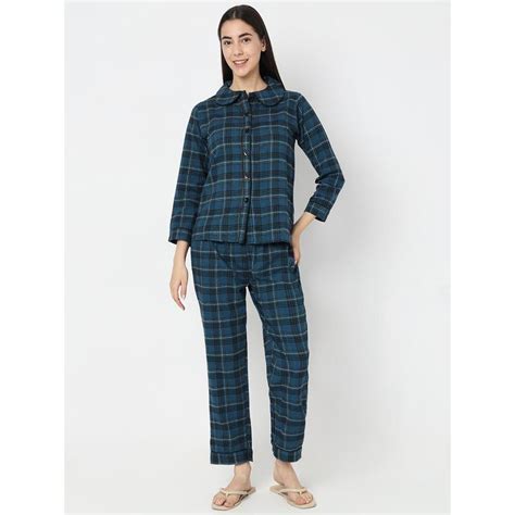 Buy Smarty Pants Women Brush Cotton Navy BlueChecks Night Suit (Set of ...