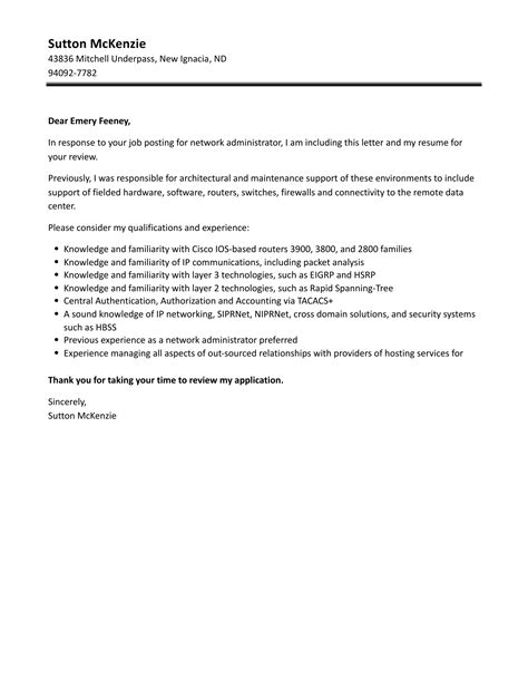 Network Administrator Cover Letter | Velvet Jobs