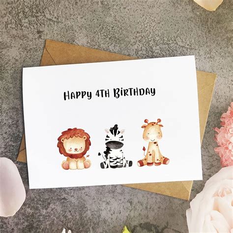 Buy Animal 4th Birthday Card for Boy Or Girl, Jungle Safari Animals ...