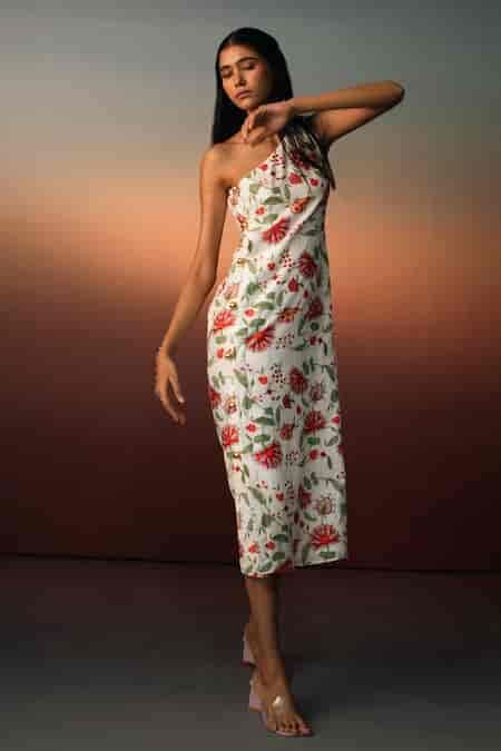 Buy White Cotton, Silk Asymmetric Floral Garden Print Dress For Women ...