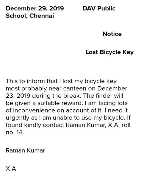 Write a notice for your school board about your Lost Cycle Key ...