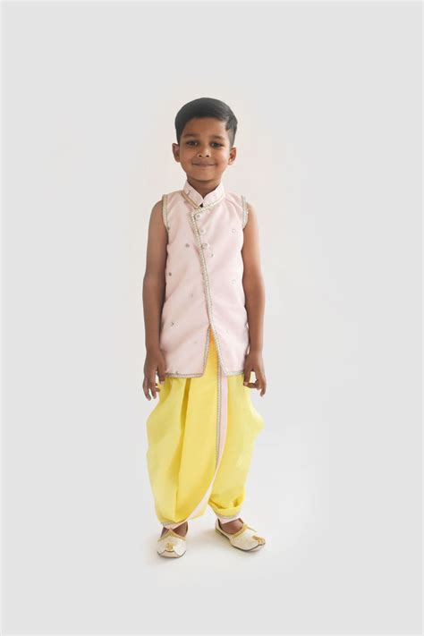 Pre Order: Pink Jacket with Yellow Dhoti– Peony Kids Couture