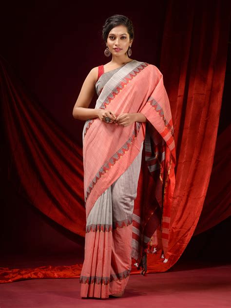 Grey And Peach Pure Cotton Handwoven Saree With Temple Borders – Charukriti