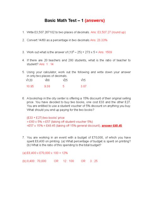 Basic Math Test - 1 Answers and Solutions - Studocu