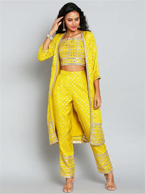 Yellow Pant & Crop Top Set With Matching Jacket – Tirumala Designers