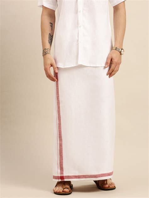 Mens Premium Pure Linen Double Dhoti White 770 Maroon