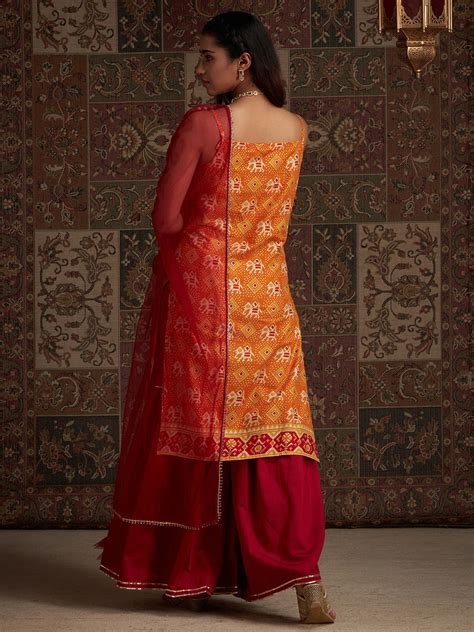Indo Era Orange Printed Straight Kurta Sharara With Dupatta Set – indoera