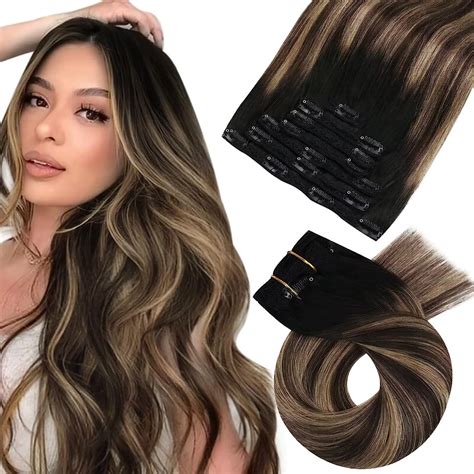 Moresoo Human Hair Clip in Extensions Ombre Black to Brown with Caramel ...