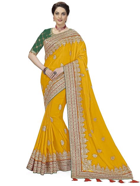 Buy TRENDMALLS Women's Lemon Satin Silk Embroidery Saree with Unstitch ...