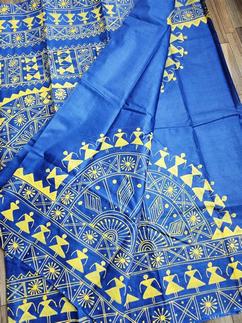 Pattachitra handpainted Warli silk saree blue yellow – VIVARANG