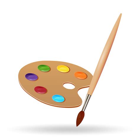 Paintbrush and palette with paints for the artist isolated on white ...