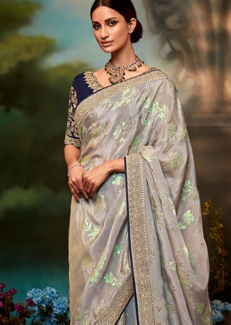 Shop Embroidered Banarasi Satin Silk Silver Saree Online For Wedding ...