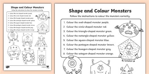 Shape and Colour Monsters Worksheet - Twinkl - KS1