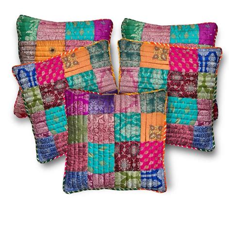 Silk Symphony Patchwork Cushion Covers with Lace Piping (100% Silk ...