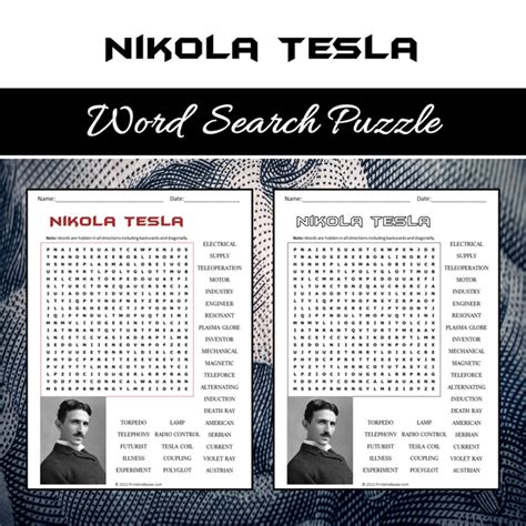 Nikola Tesla Word Search Puzzle Worksheet PDF – PrintableBazaar