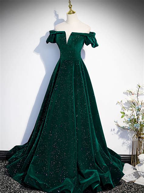 Dark Green Velvet Off Shoulder Long Party Dress, A-line Green Formal ...