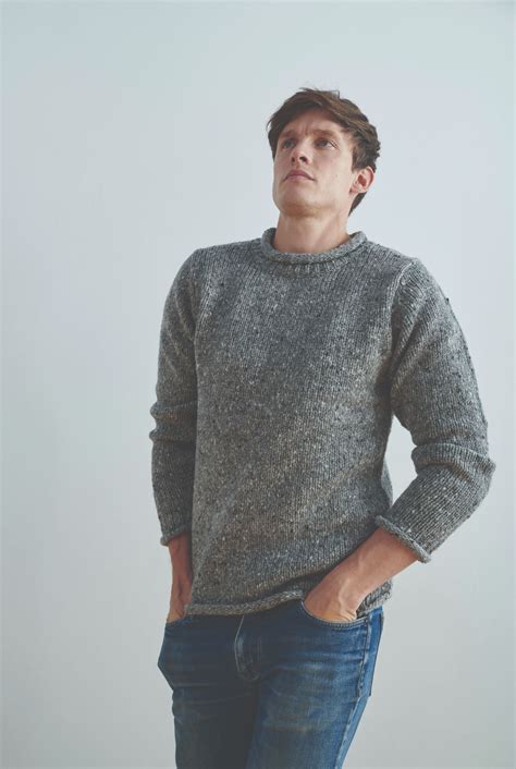 Raheen Tweed Roll Neck Mens Merino Wool Sweater - Light Grey