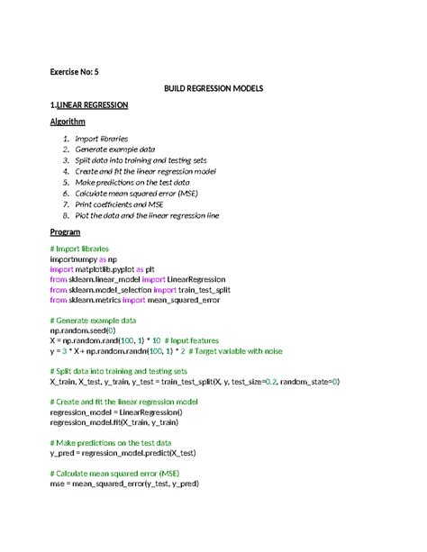 Experiment 5 - AIML EXCERCISE - Exercise No: 5 BUILD REGRESSION MODELS ...