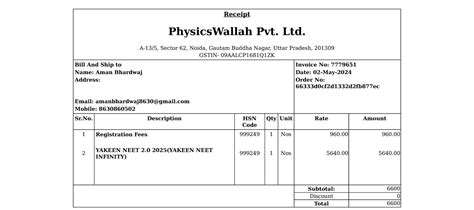 Pwyakeen - Receipt PhysicsWallah Pvt. Ltd. A-13/5, Sector 62, Noida ...