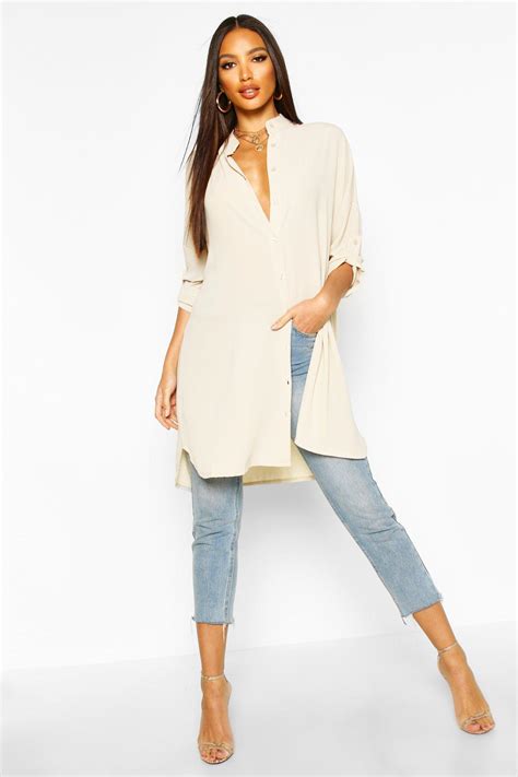 Womens Longline Oversized Sleeve Shirt - White - S by Boohoo