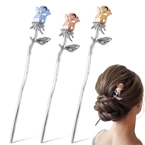 Buy MAYCREATE® 3pcs Rose Hair Stick for Bun, Alloy Juda Pin Hair Bun ...
