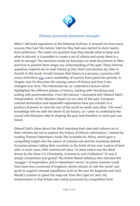 Image result for Personal Statement History Example