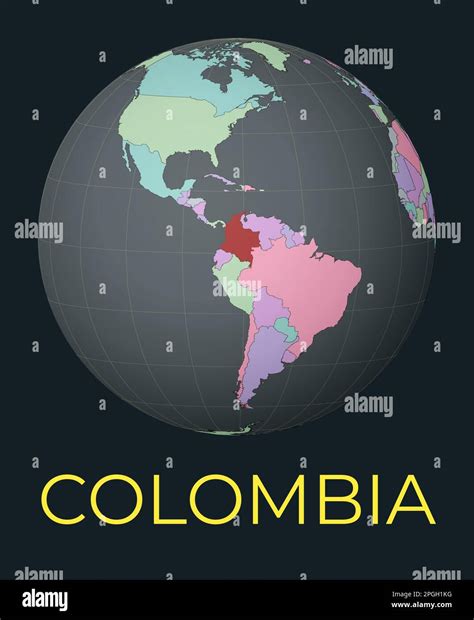 World map centered on Colombia. Red country highlighted. Satellite world view centered on the ...