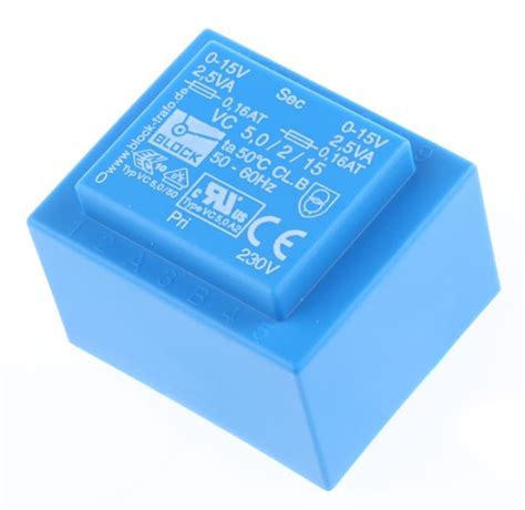 VC 5/2/15 Block | Block 2 x 15 V ac 2 Output Pin PCB Transformer, IEC ...