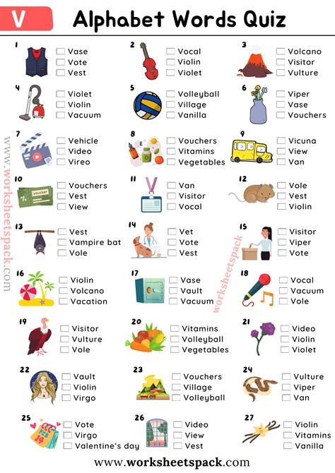 V Alphabet Words Picture Quiz for ESL | Alphabet words, Alphabet ...