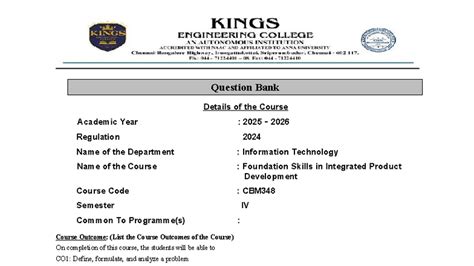 Question Bank for CBM348: Foundation Skills in Integrated Product ...