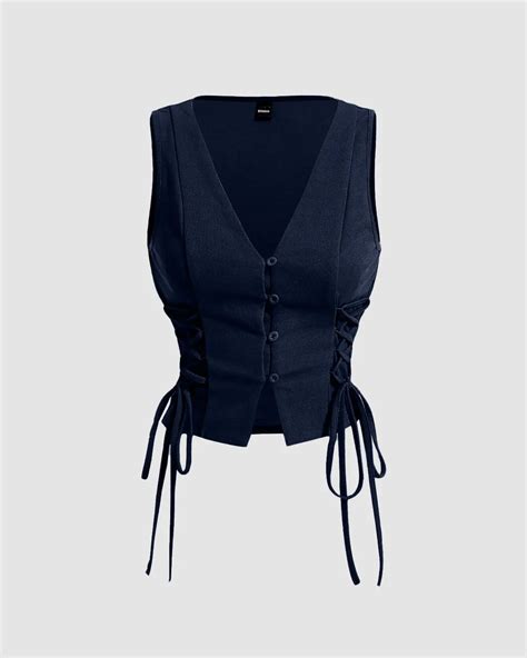 Lace-Up Side Button-Down Sleeveless Vest Top in Navy Blue – Littlebox India