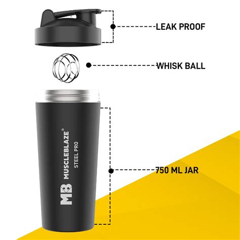 MuscleBlaze Steel Shaker 750ml | Leakproof Gym Bottle with Steel Whisk ...