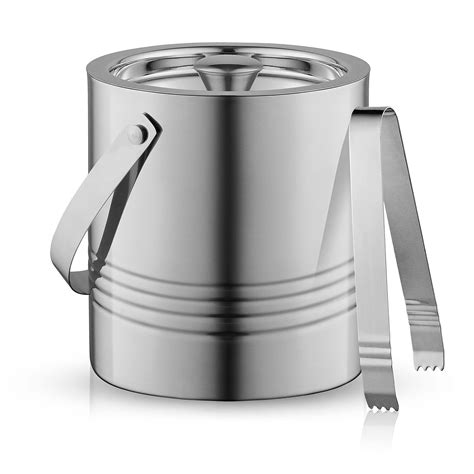 JoyJolt Metal Double Wall Ice Bucket with Lid, Ice Tongs and Strainer ...