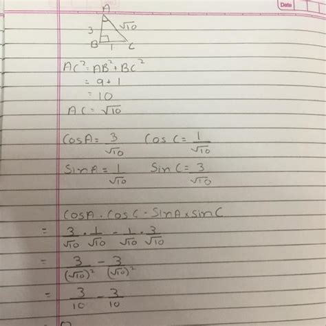 In triangle ABC, angleB=90. TanA=1/3. Find CosA*CosC-SinA*SinC - Brainly.in