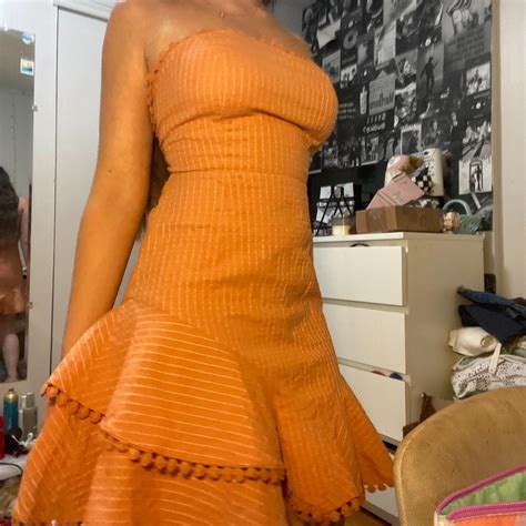 orange and white fitted dress with ruffle... - Depop