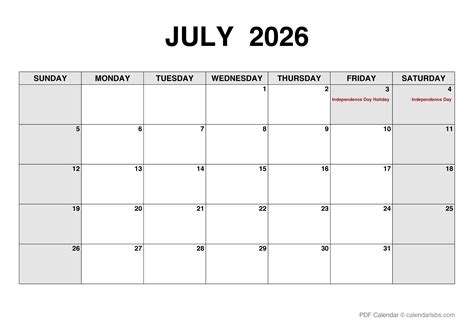 July 2026 Calendar with Holidays | CalendarLabs